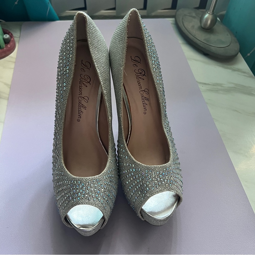Silver Rhinestone Peeptoe Pumps - Picture 3 of 6